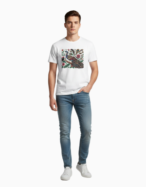 Unisex Relaxed fit t-shirt Royal Peacock Rickshaw Art (front) (ILS 075) In Lounge Store