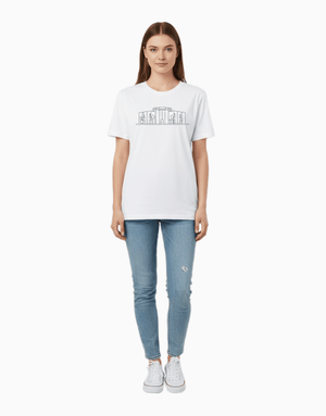 Unisex relaxed fit t-shirt with white Parliament print on black cotton fabric
