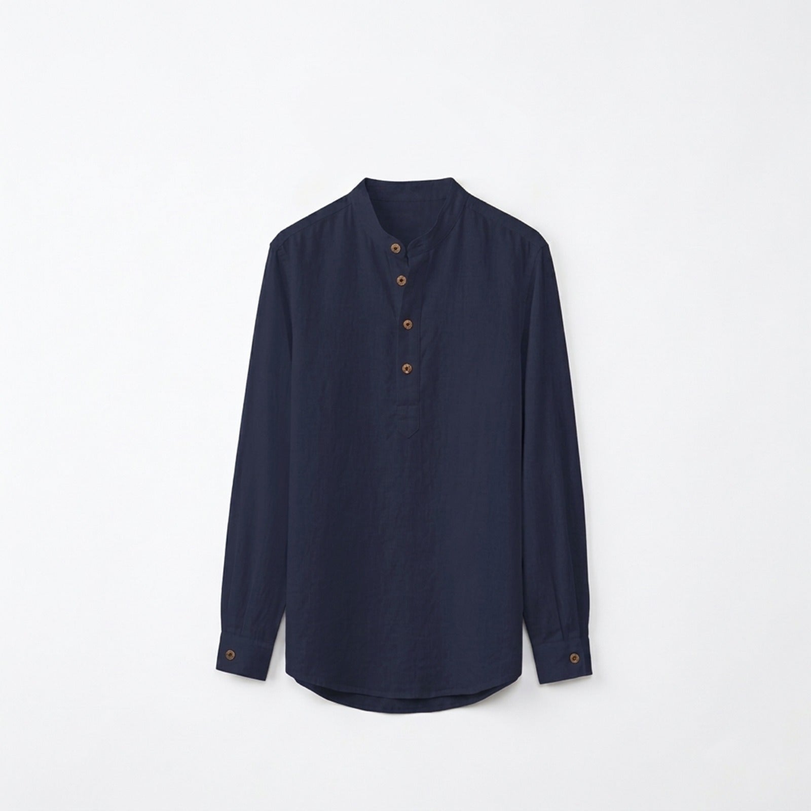 Unisex Navy Blue Mandarin Collar Linen Fatua Shirt In Lounge Store