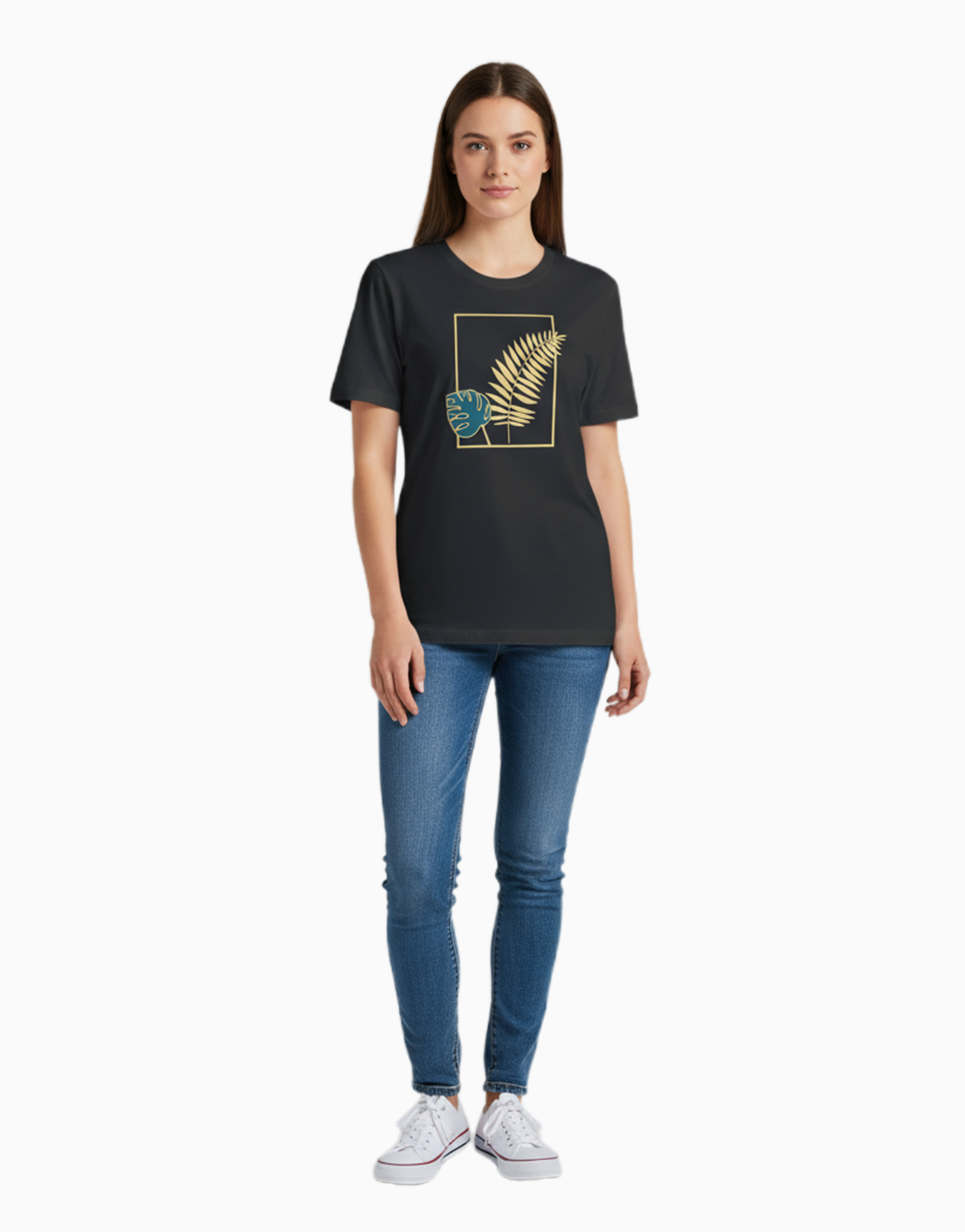 Person wearing a black t-shirt with a golden leaf frame and blue jeans on a white background