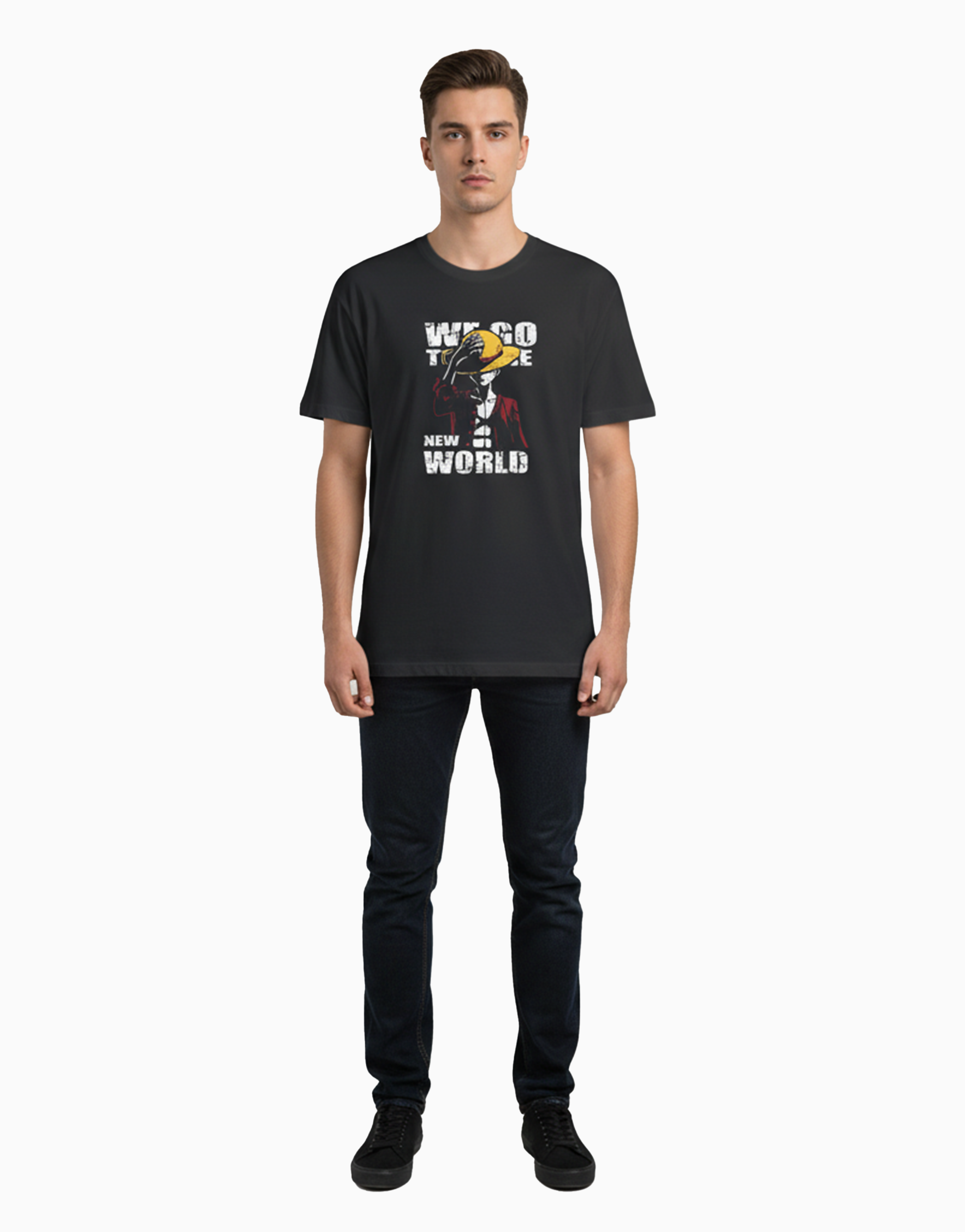 Anime-adventure-graphic-black-relaxed-tshirt-front-men-model-in-lounge-store_ILS050.png Men's Relaxed fit t-shirt Anime Adventure (ILS 050) - Image 1