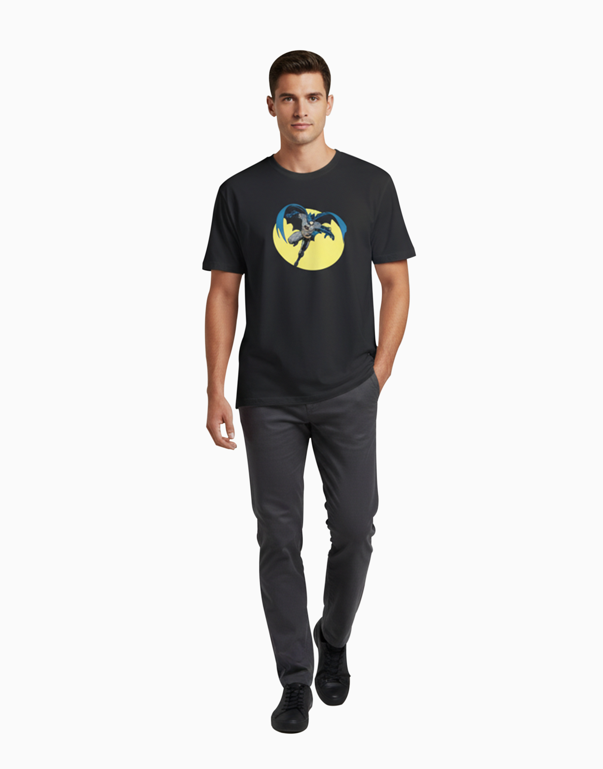 Batman-returns-graphic-black-relaxed-tshirt-front-men-model-in-lounge-store_ILS069_1.png Men's Relaxed fit t-shirt Batman Return (ILS 069) - Image 1