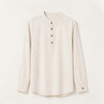 Unisex Beige Striped Mandarin Collar Linen Fatua Shirt