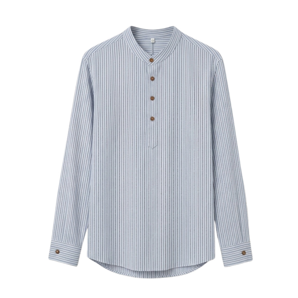 UnisexSkyBlue_BlackStripedMandarinCollarFatuaShirt.jpg Unisex Sky Blue & Black Striped Mandarin Collar Fatua Shirt - Image 1